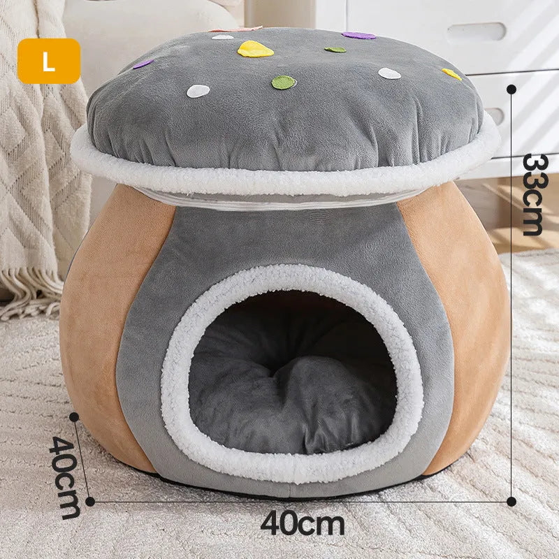Grey plush mushroom-shaped cat nest with a detachable blanket, shown alongside pink and purple colour options.