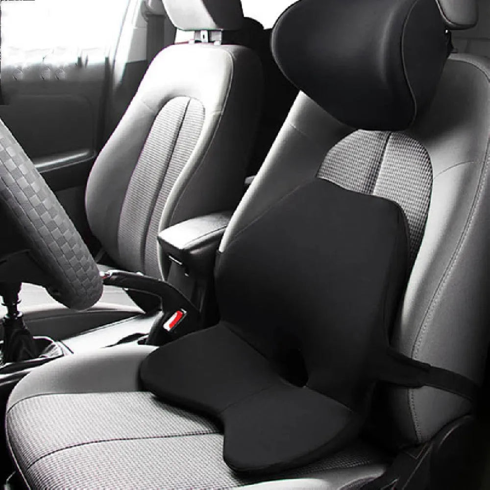 Memory foam car seat cushion set showing waist pad and headrest in neutral colours