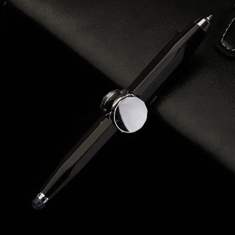 Metal ballpoint pen with integrated fingertip spinner and LED lights, shown in hand