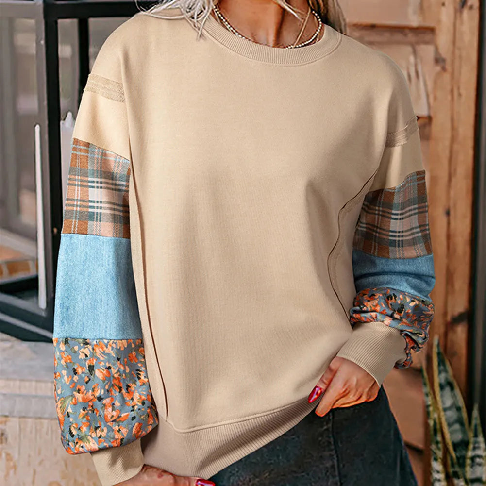 Women's apricot and red plaid stitching long-sleeved polyester top with Japanese-Korean casual style