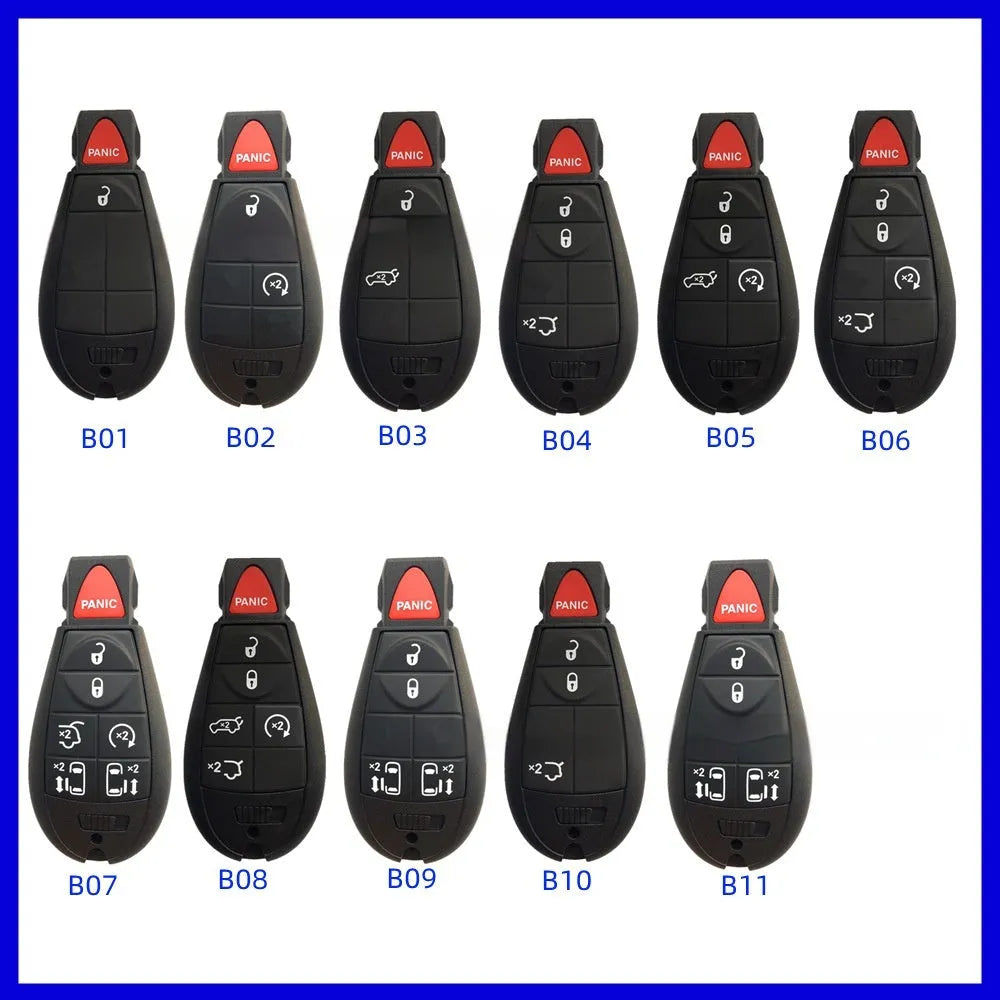 Blue nylon and ABS brass replacement key shell for Dodge and Chrysler car smart keys.