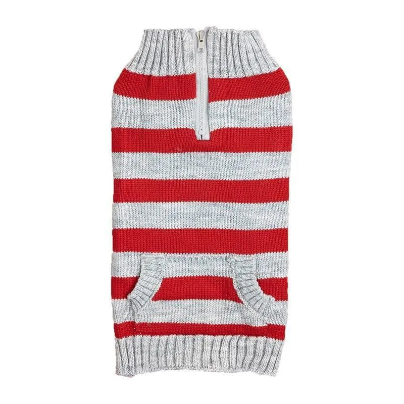 Grey dog sweater with horizontal zipper and button-accented pockets for small medium breeds