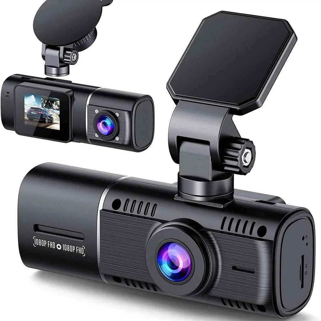 Black dual channel dash cam on a car windscreen with a 1.5-inch screen, showing front and rear camera views.