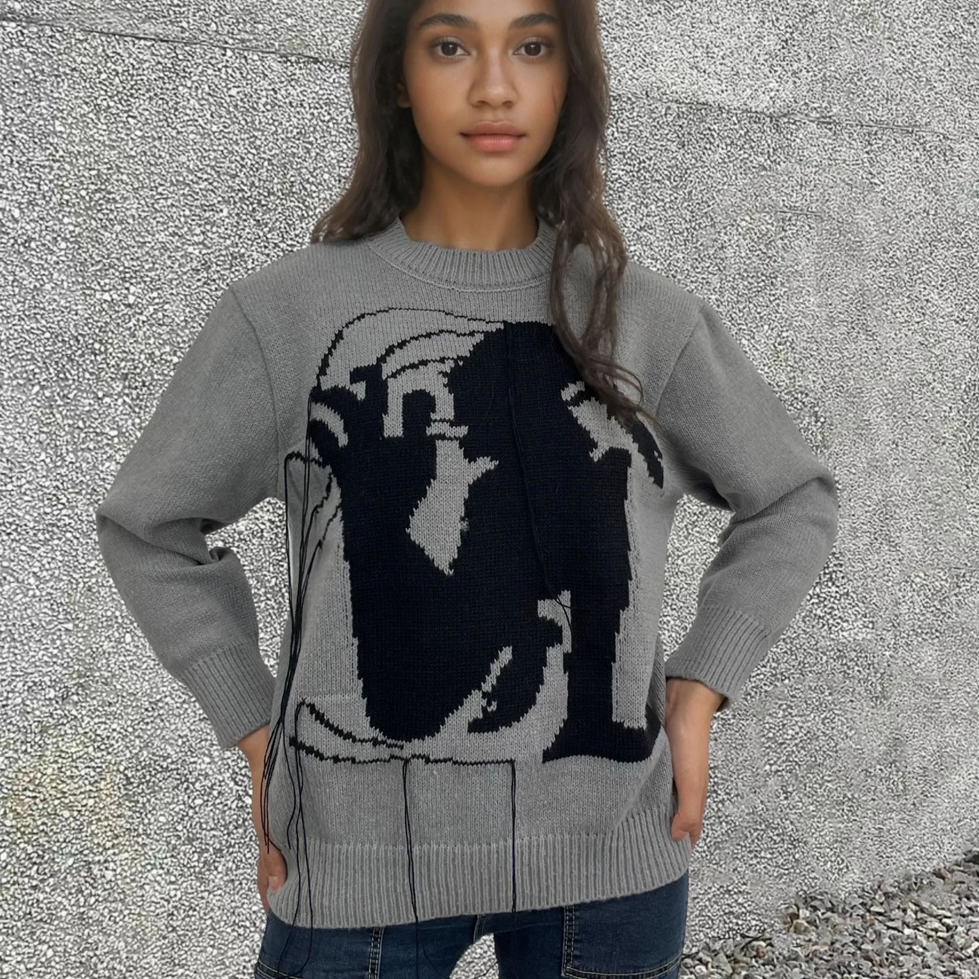 Women's loose grey alpaca wool sweater with abstract pattern tassel design round neck