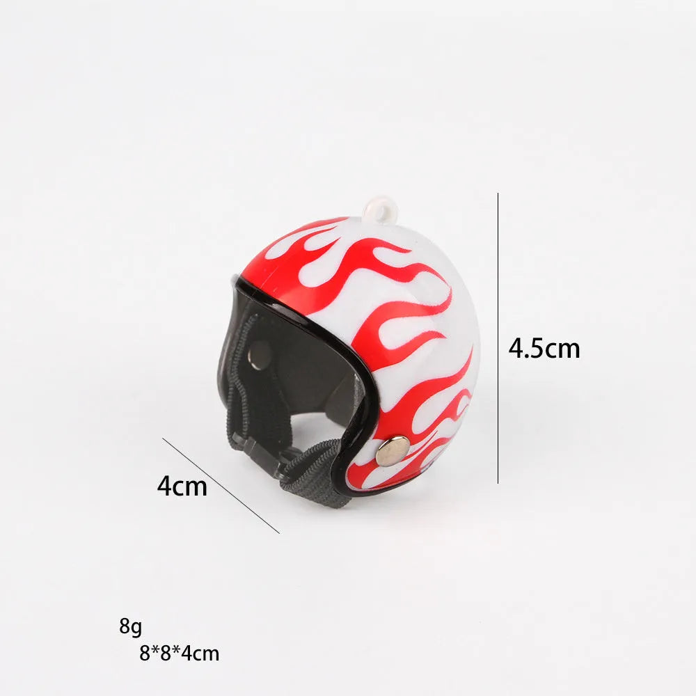 Small hard plastic helmet with elastic straps and sponge lining for a chicken or pet bird.