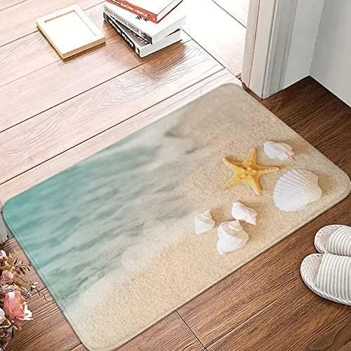 Personalised flannel floor mat in square shape with coastal starfish print and polyester fibre material
