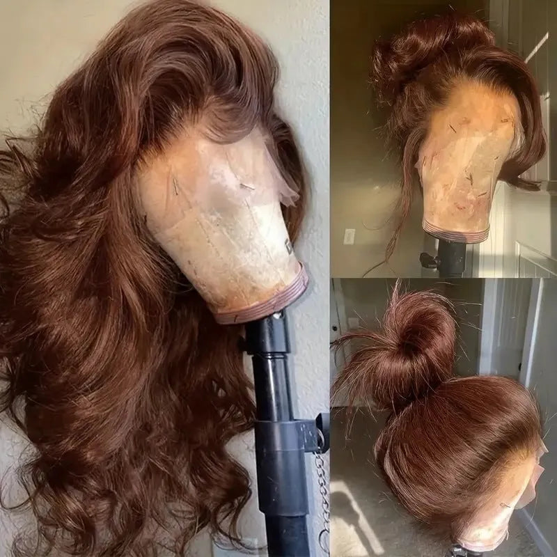 Dark brown long curly front lace wig with side bangs on a mannequin head.