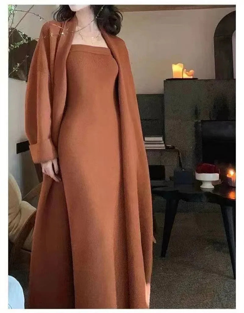 Women's grey knitted cardigan dress sweater suit two piece set with long skirt and regular sleeves.
