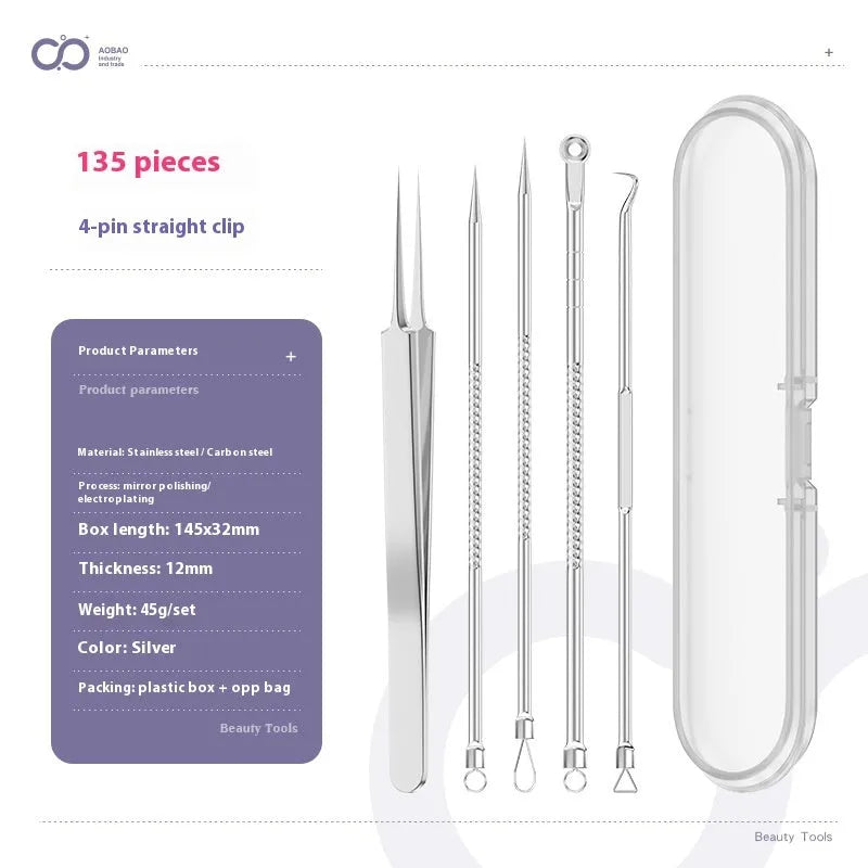 Four metal acne needles with pointed tips arranged on a clean surface.