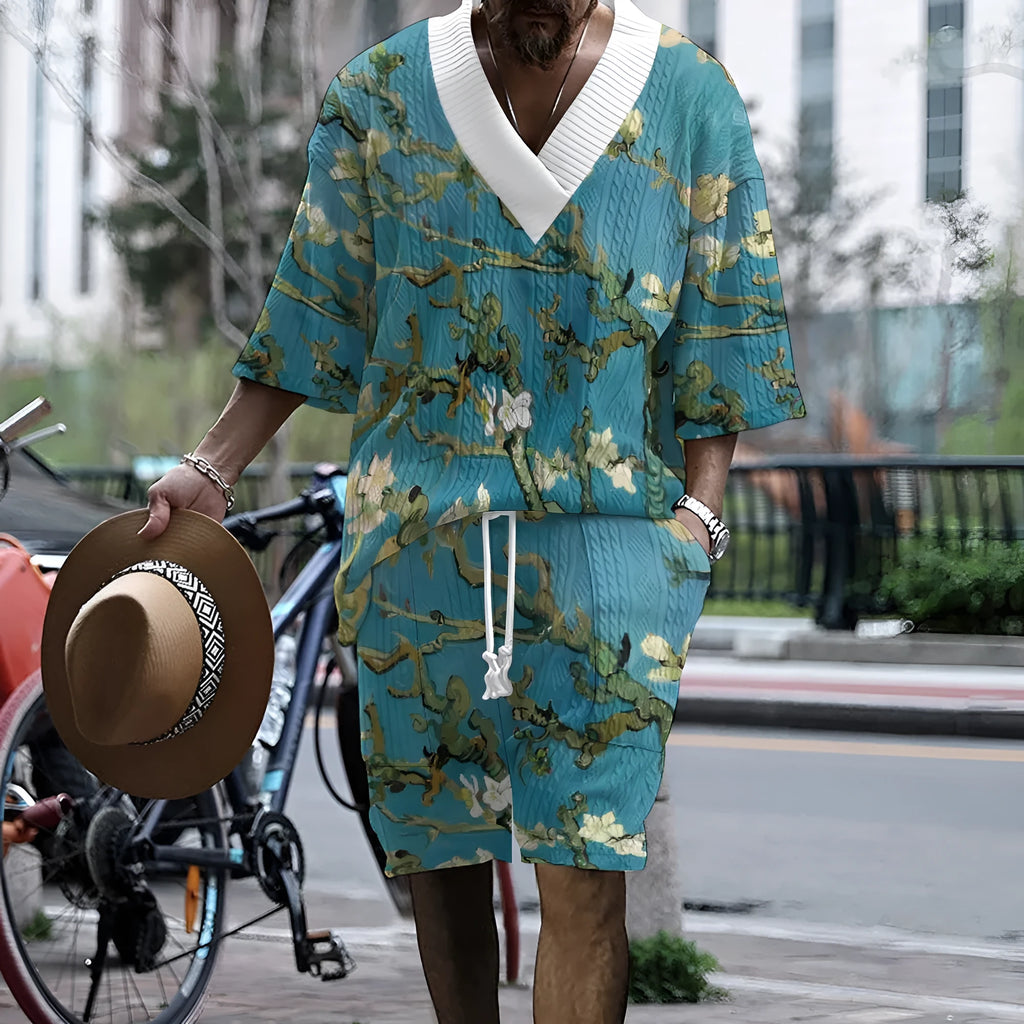 Men's peacock blue 3D printed casual suit with T-shirt and knitted shorts