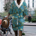 Men's peacock blue 3D printed casual suit with T-shirt and knitted shorts