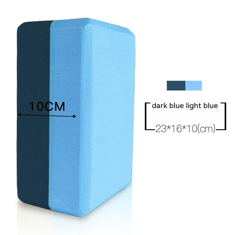 High-density EVA yoga block in pink next to a dark blue block, showing 7.5cm height and printed cartoon design options.