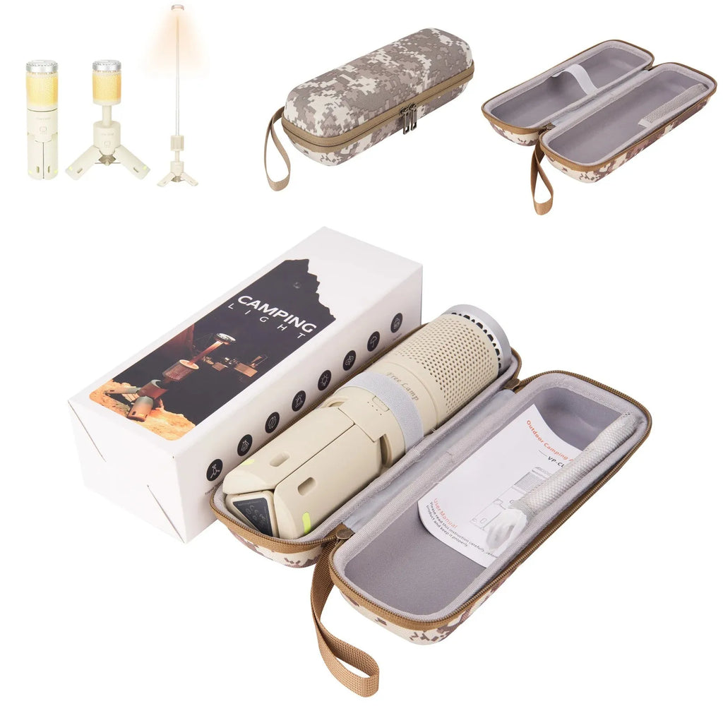 Portable LED camping lantern in off white or dark grey colour with a button switch.