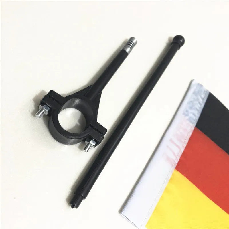 A single square polyester flag on a plastic pole for handlebar mounting.