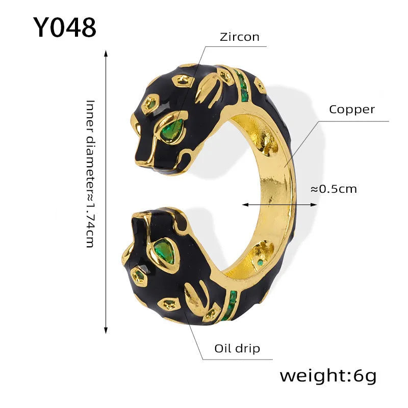 Women's geometric open ring with black cheetah print pattern on electroplated copper, size no.7
