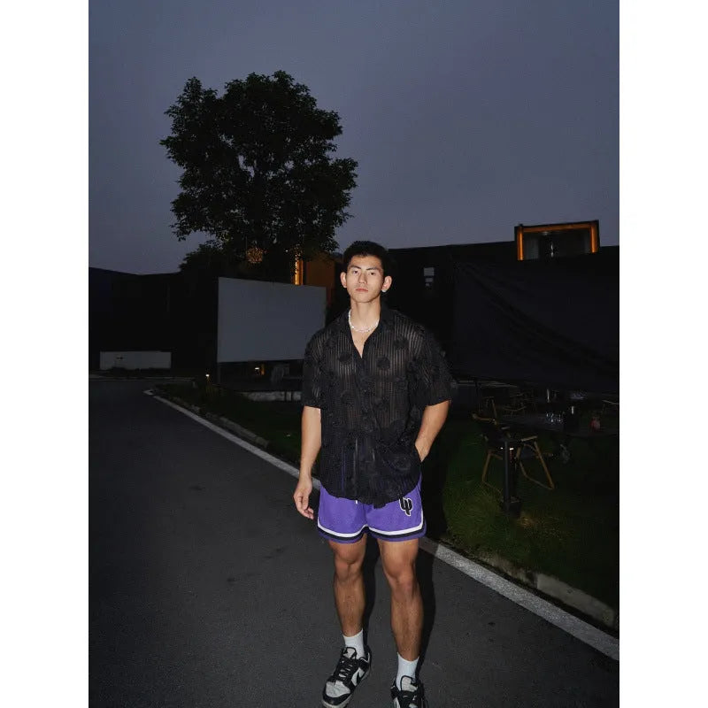 Heavy industry three-dimensional floral print on a loose-fit plus-size short-sleeved shirt for men.