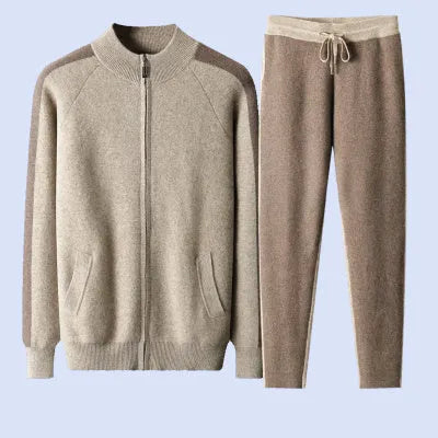 Men's camel coloured cashmere blend knitted cardigan suit with half turtleneck and matching trousers
