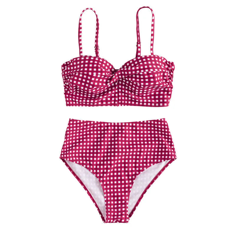 Women's plaid high-waisted bikini swimsuit set in rose red, with polyester lining.