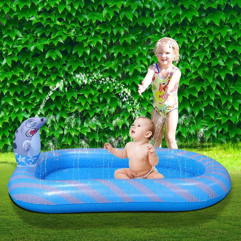 Blue dinosaur water spray pool play mat for kids measuring 170cm with water spray feature