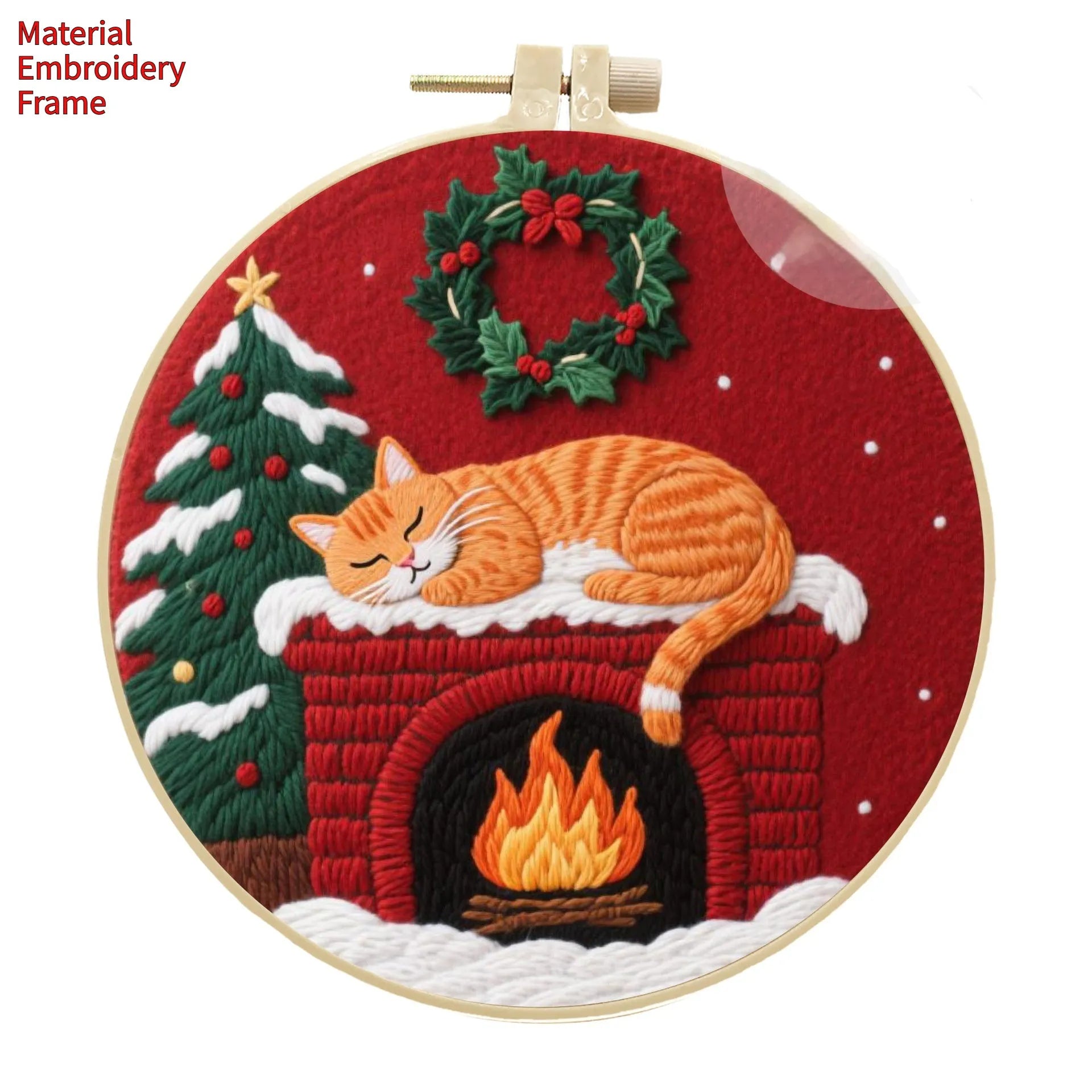 DIY embroidery material kit showing cotton linen fabric with cat and autumn fruit design, optional bamboo hoop and scissors