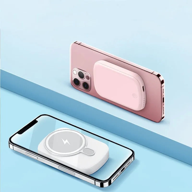 MagSafe magnetic wireless power bank in Barbie Pink colour with plastic casing showing dimensions