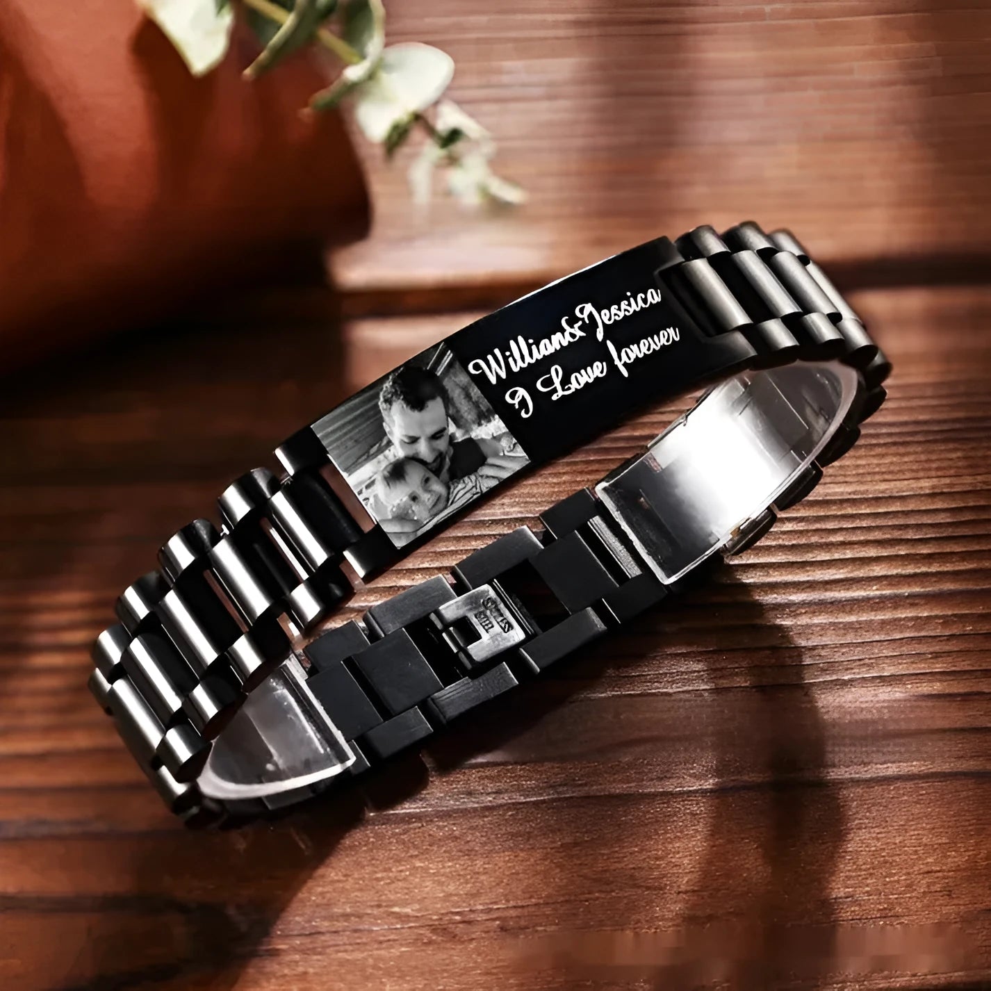 Men's unisex titanium steel bracelet with curved heart shape and black lettering