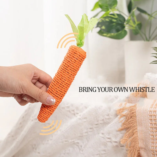 Set of cat toys including carrot-shaped bites, paper toys, ringing stones, and grinding sticks in two sizes.