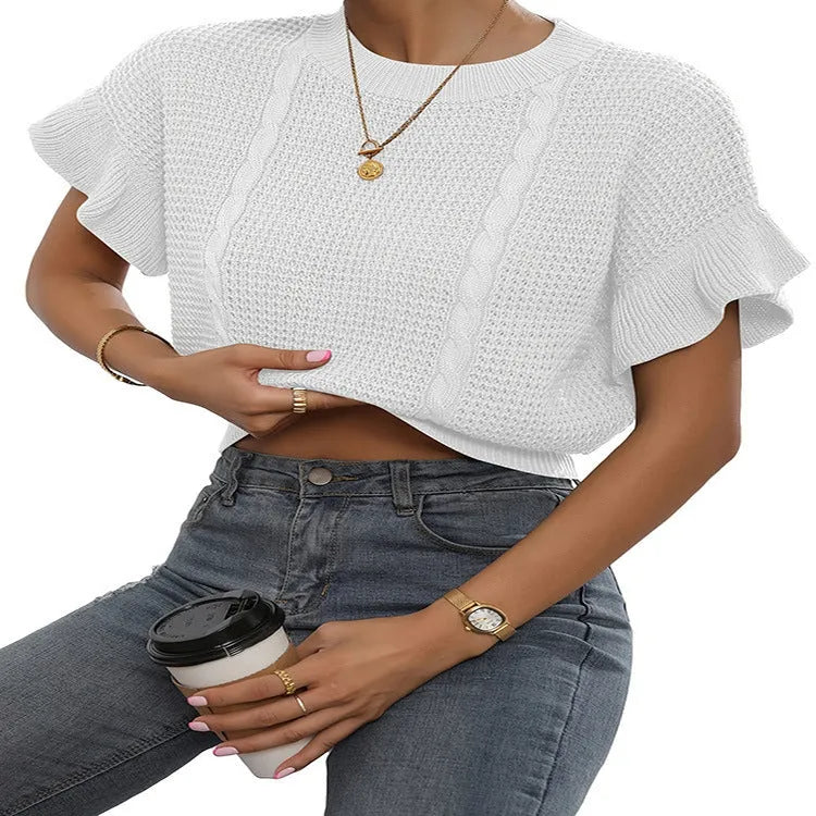 White knitted pullover sweater with ruffled short sleeves and twisted string 3D pattern texture