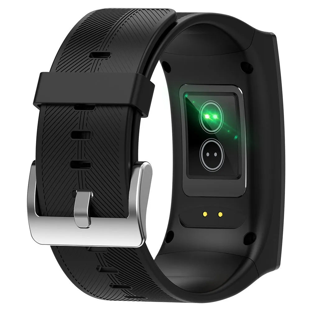 Black or silver Bluetooth waterproof sports watch with blood pressure monitoring on a silicone wrist strap.