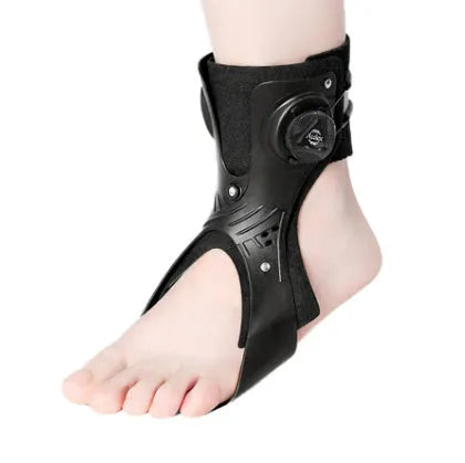 Grey and black ankle support brace with airbag button technology for adjustable compression