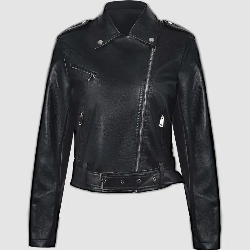 Women's black PU leather motorcycle jacket with lapel collar and decorative belt