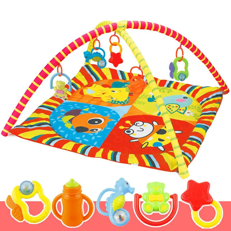 Velvet fabric baby play mat with printed animal designs, shown as a crawling carpet.