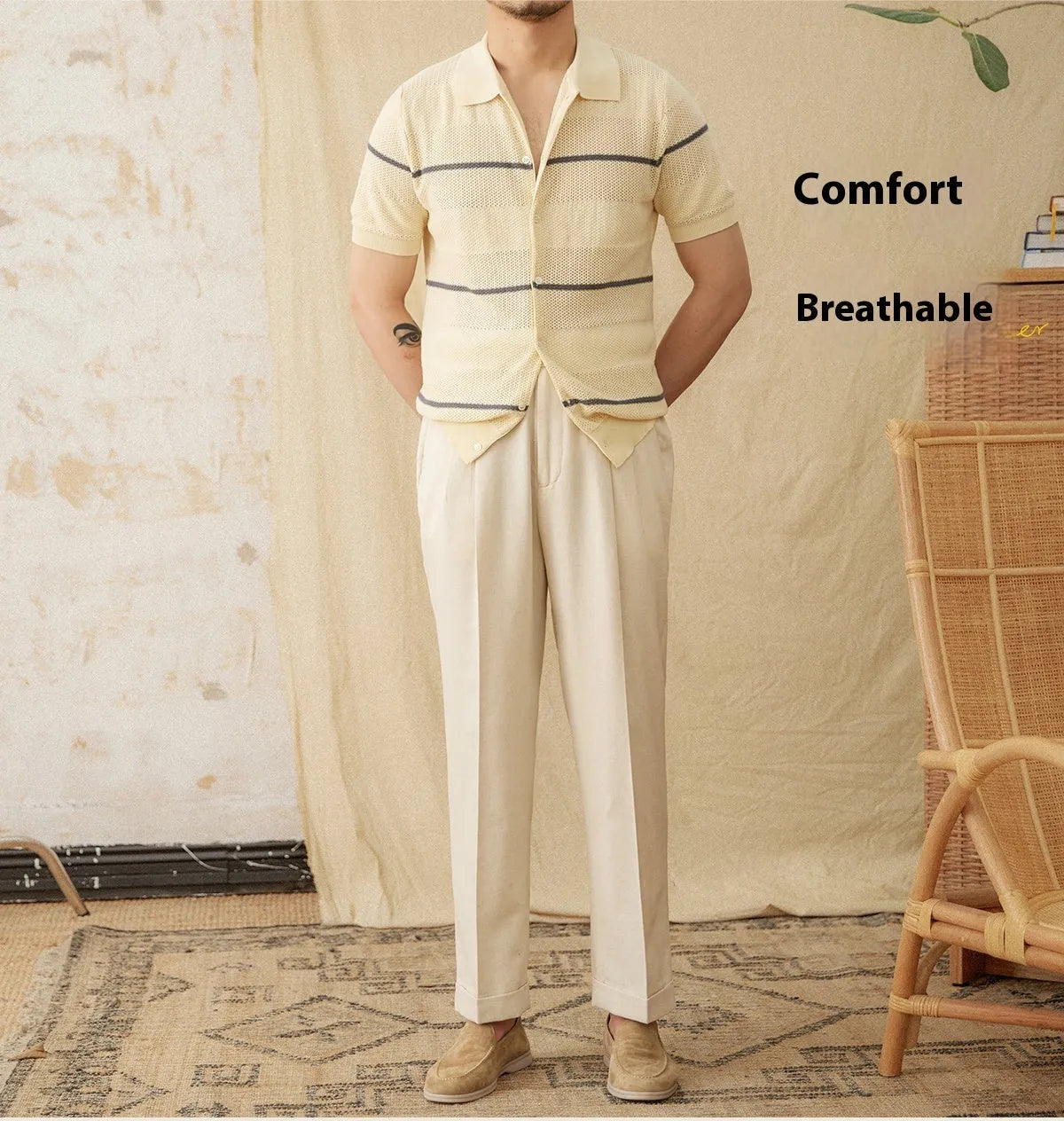 Camel coloured lapel collar short sleeve cotton linen blended cardigan on hanger