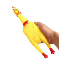Yellow rubber screaming chicken dog squeaky toy shown in three sizes