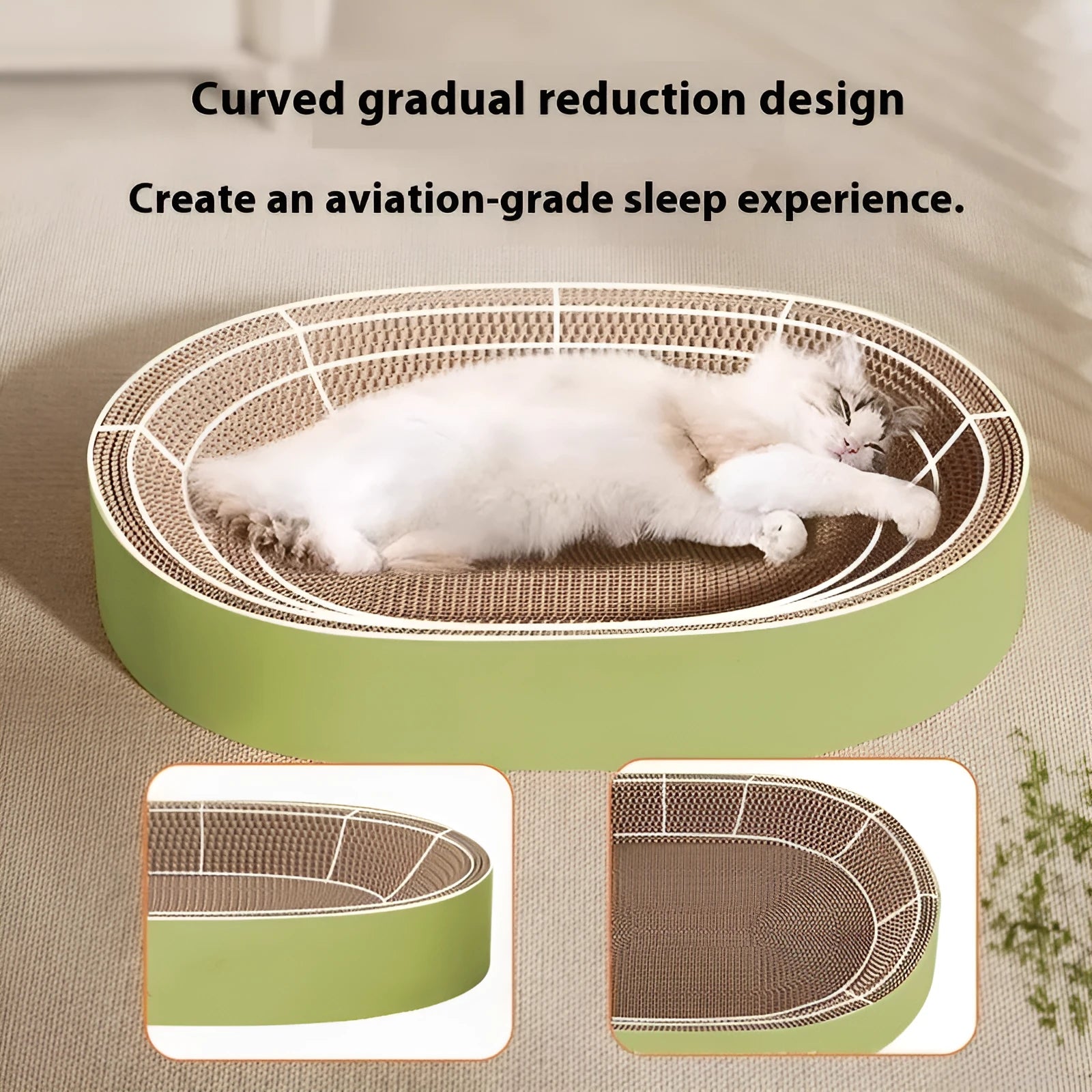 Green oval corrugated paper cat scratch board and nest, 55cm diameter