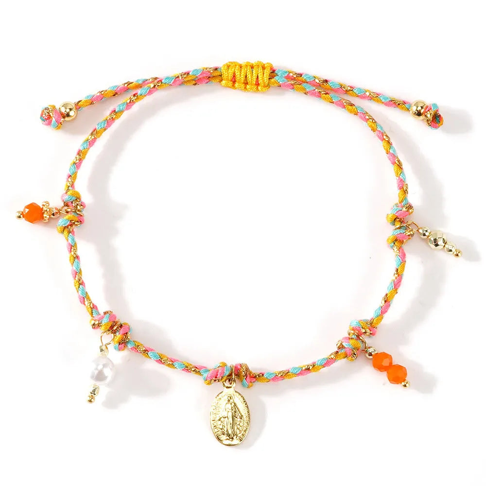 Hand-woven colourful braided rope bracelet with adjustable knot and decorative strap tag