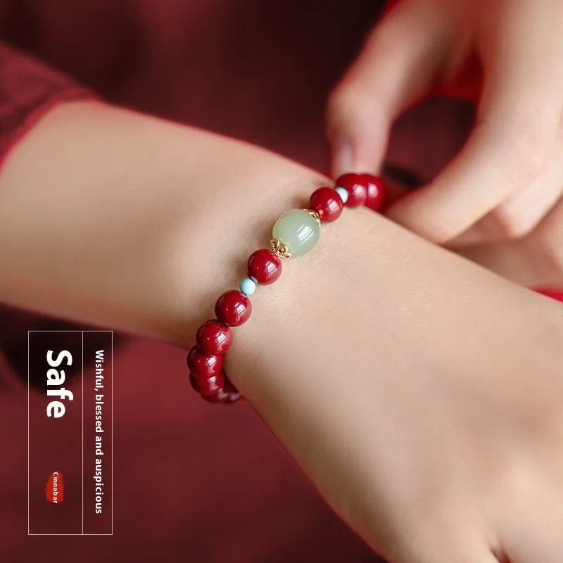 Purple gold sand cinnabar bracelet with geometric ellipse beads in 6mm, 8mm, or 10mm sizes.