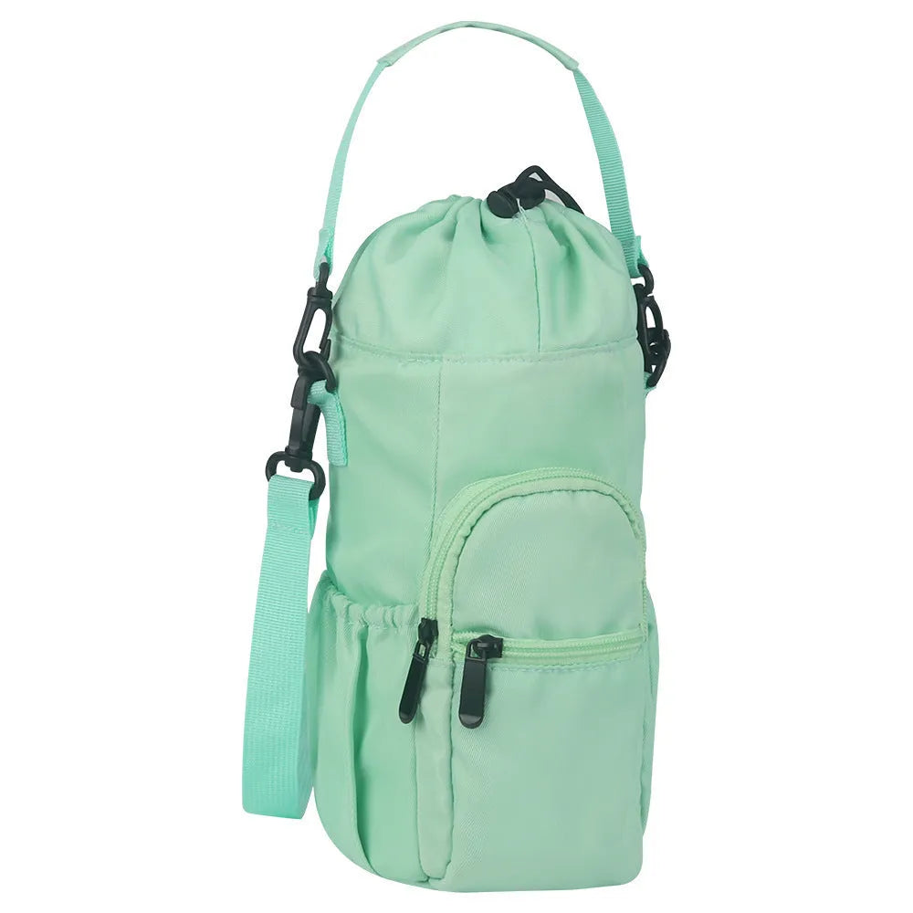 Canvas water bottle shoulder bag with crossbody strap in black, green, and pink colour options.