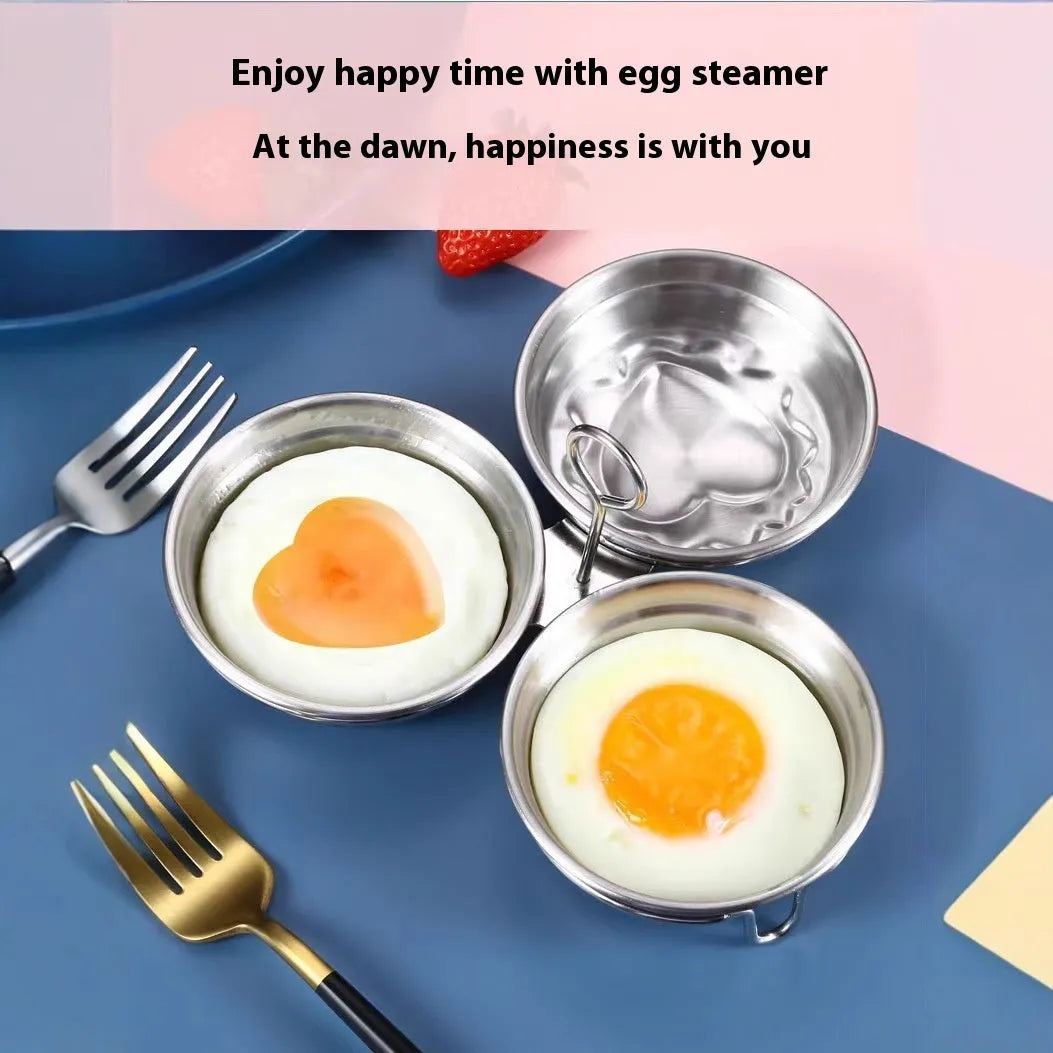 Mini stainless steel egg steamer in heart-shaped design with compact kitchen appliance dimensions
