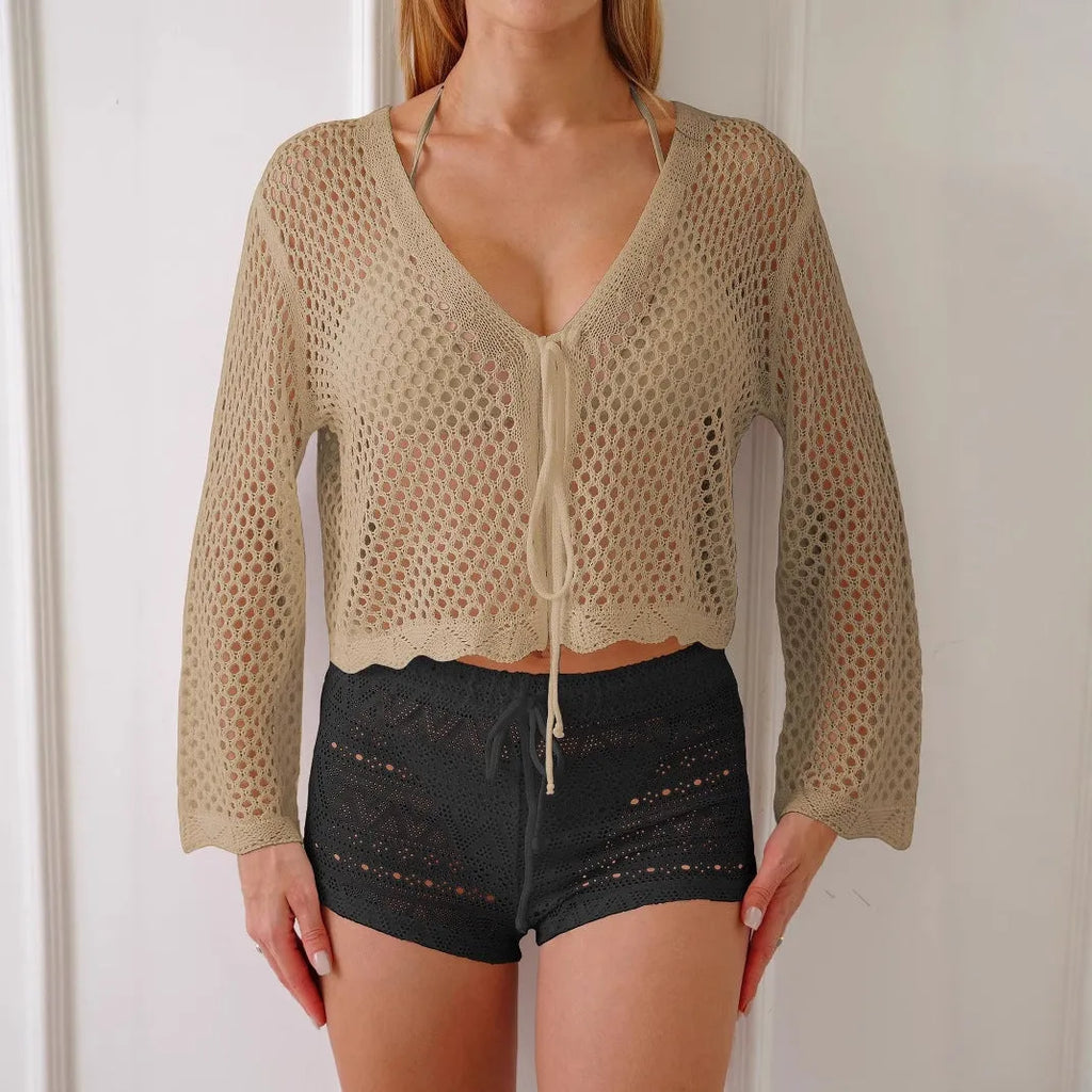 Women's short hollow woven cardigan blouse with bell sleeves in apricot colour