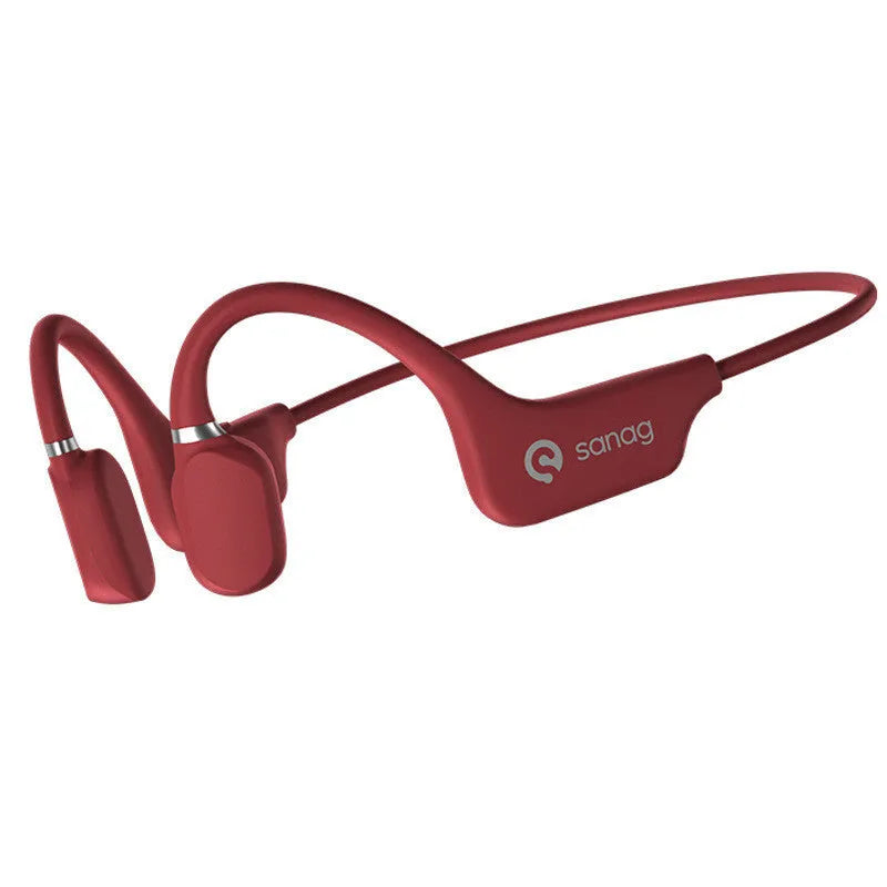 Bone conduction Bluetooth sports headset in hanging neck design, shown in multiple colour options.