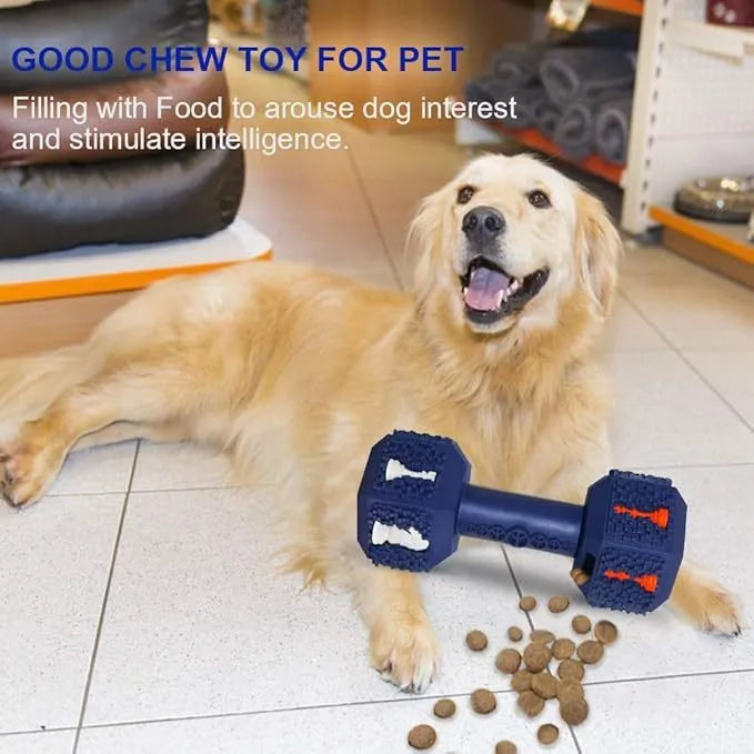 Durable dumbbell-shaped dog chew toy in natural rubber with textured surface