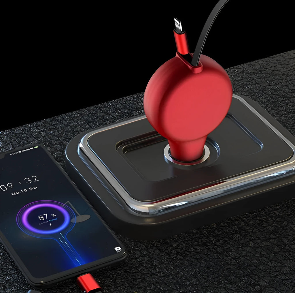Retractable car charger with dual USB ports showing extended cable in black colour option