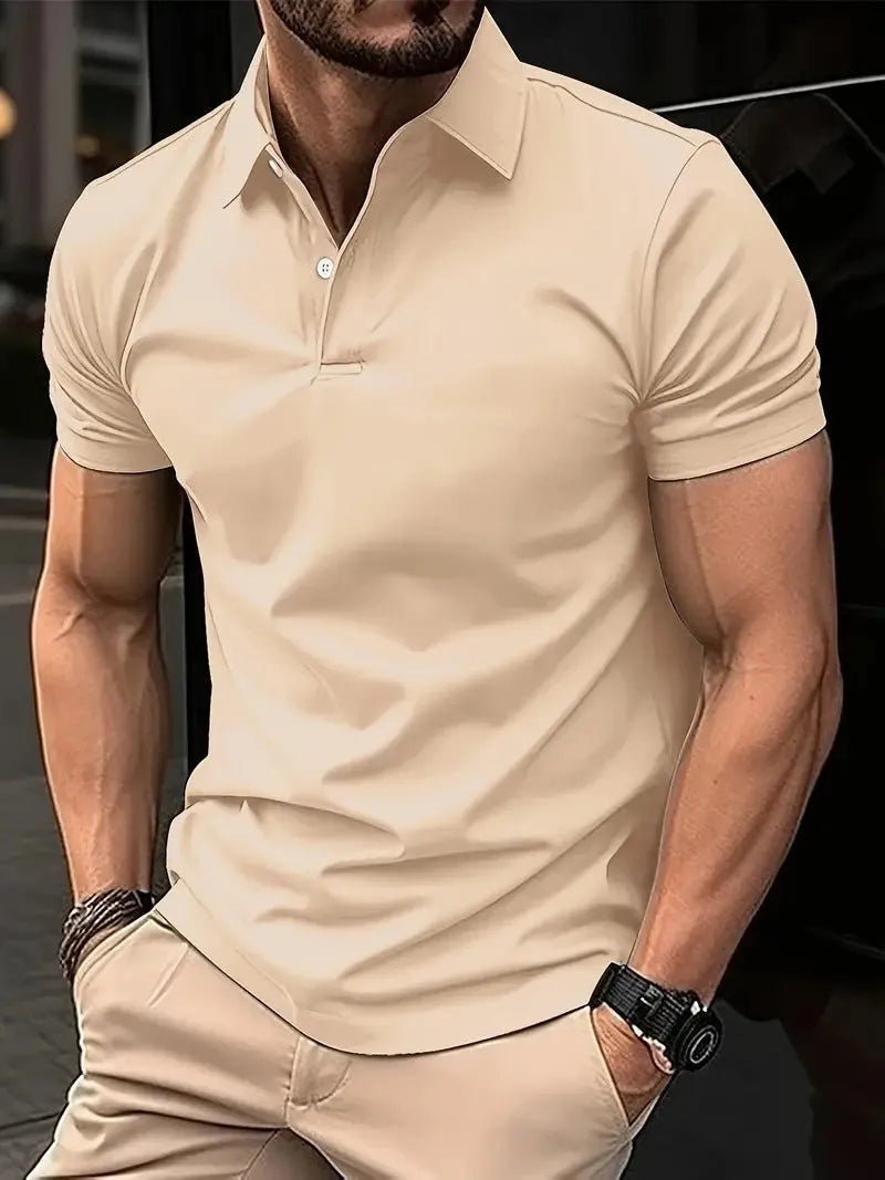 Men's slim fit casual short sleeve button-up shirt in a solid colour on a hanger.