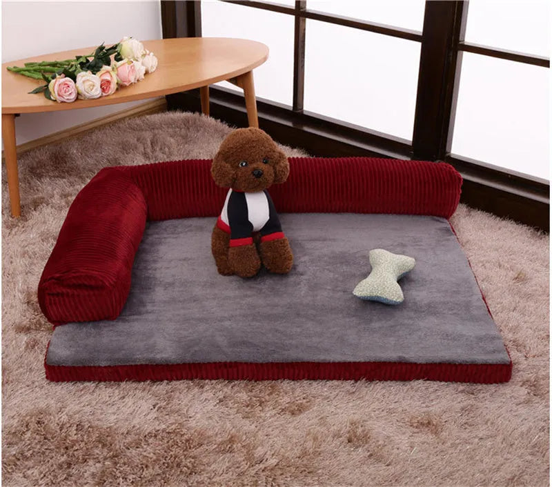 Corduroy pet dog bed sofa in a neutral colour with a raised edge and non-slip base.