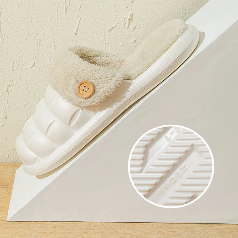 Plaid patterned detachable slippers for women with plush lining and a textured EVA anti-skid sole.