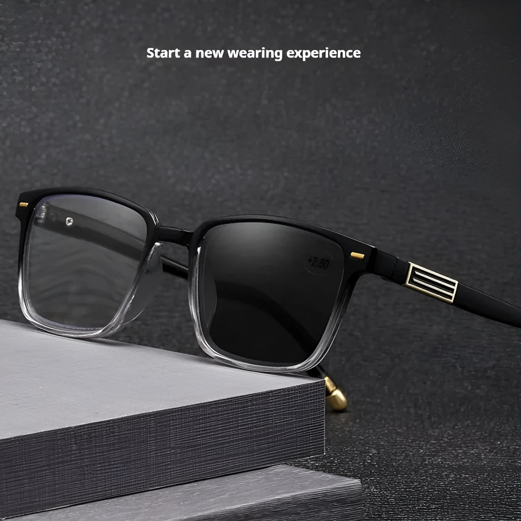 Multifocal reading glasses with anti-blue light and photochromic lenses in black frame with gold accents