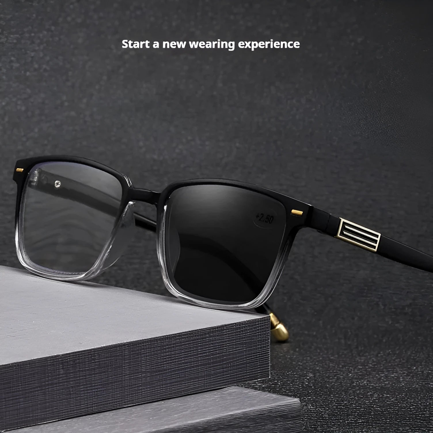 Multifocal reading glasses with anti-blue light and photochromic lenses in black frame with gold accents