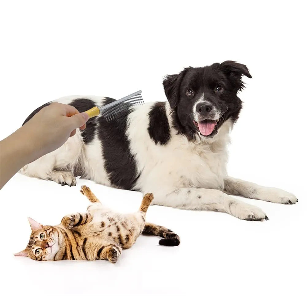 Wooden handle pet grooming comb for dogs and cats on a neutral background.
