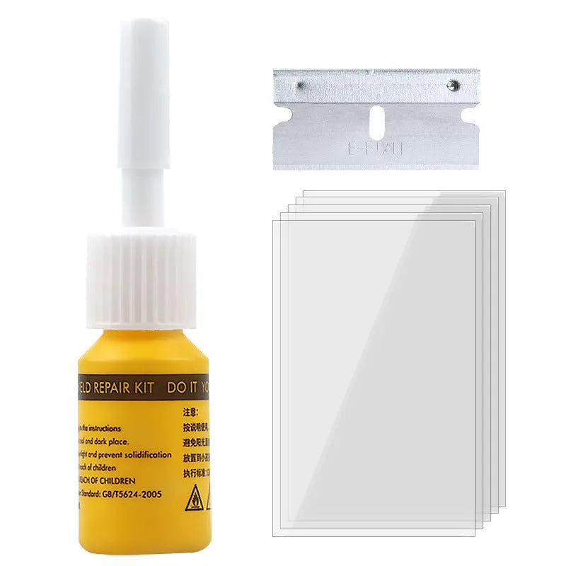 Yellow three-piece car windshield repair agent tool set on a white background.
